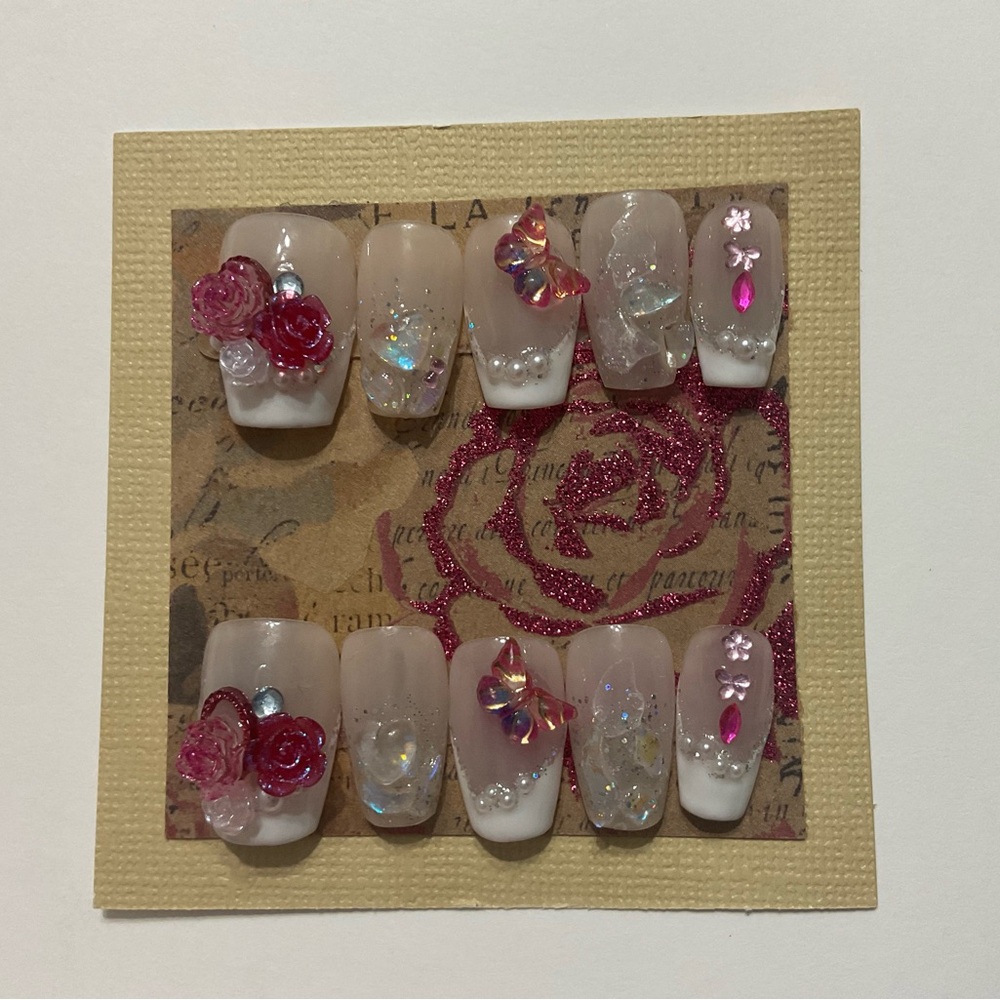 Elegant Size Large Floral Handcrafted Press-On Nails ~FrenchTipCollection~ #102